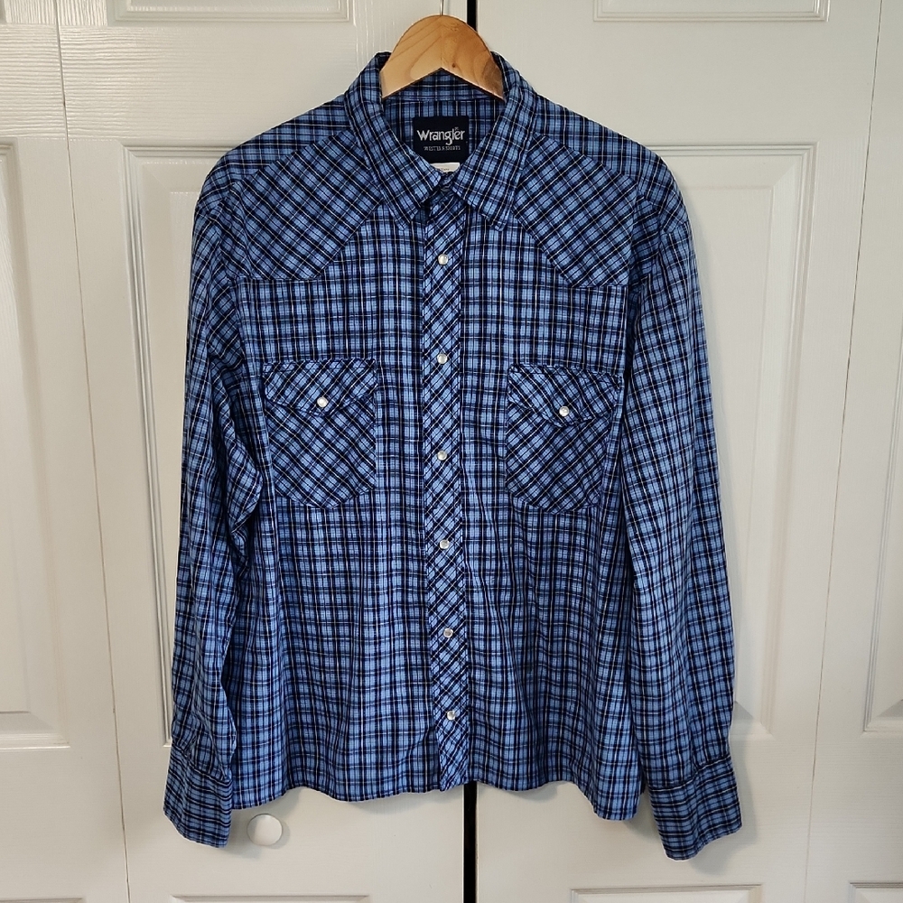 Vintage Wrangler Men's Blue Plaid Pearl Snap Shirt Size XL Cowboy Western Pocket